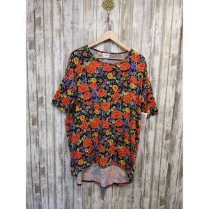 LuLaRoe Irma Top Tunic Short Sleeve Shirt Black Red Floral Women's Medium